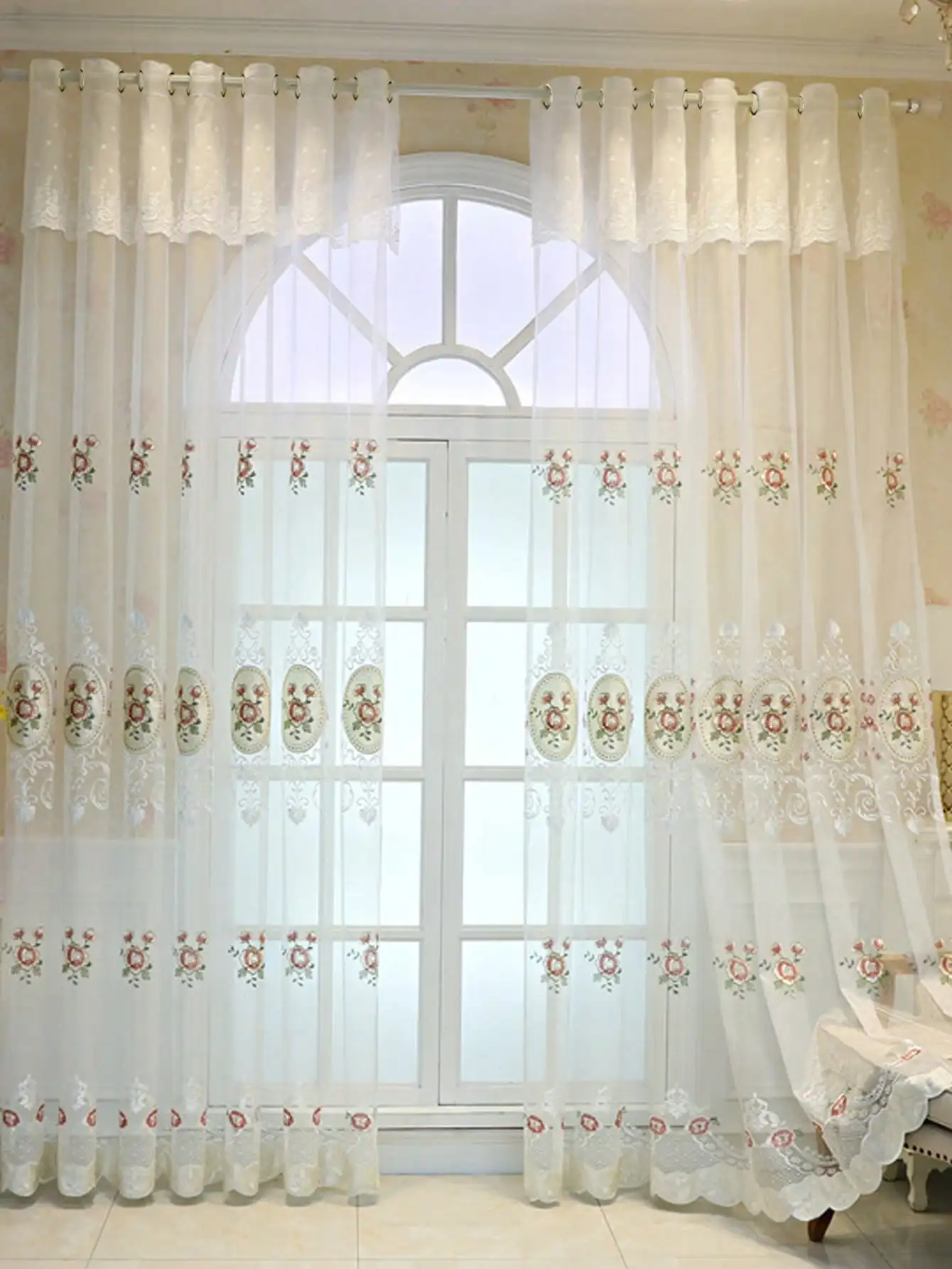 Retro Style Simple Embroidery Nordic Palace Style Red Flower Embroidery Curtains Living Room Bedroom Balcony Blackout Curtains