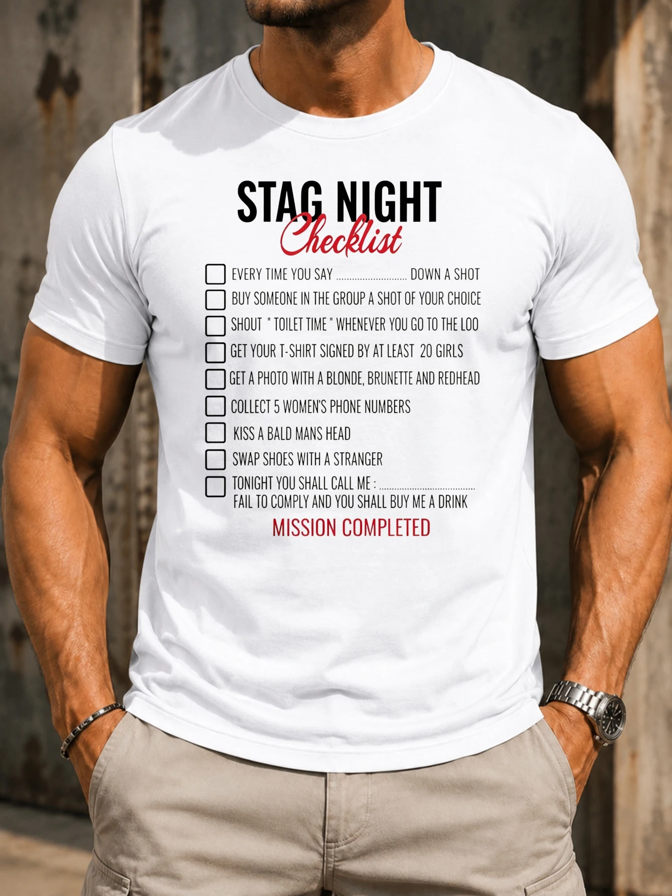 Stag Nicht Checklist Bachelor Party Mission List Shots Photos Numbers Red  Humor Text Unisex All  Unisex All T-Shirt