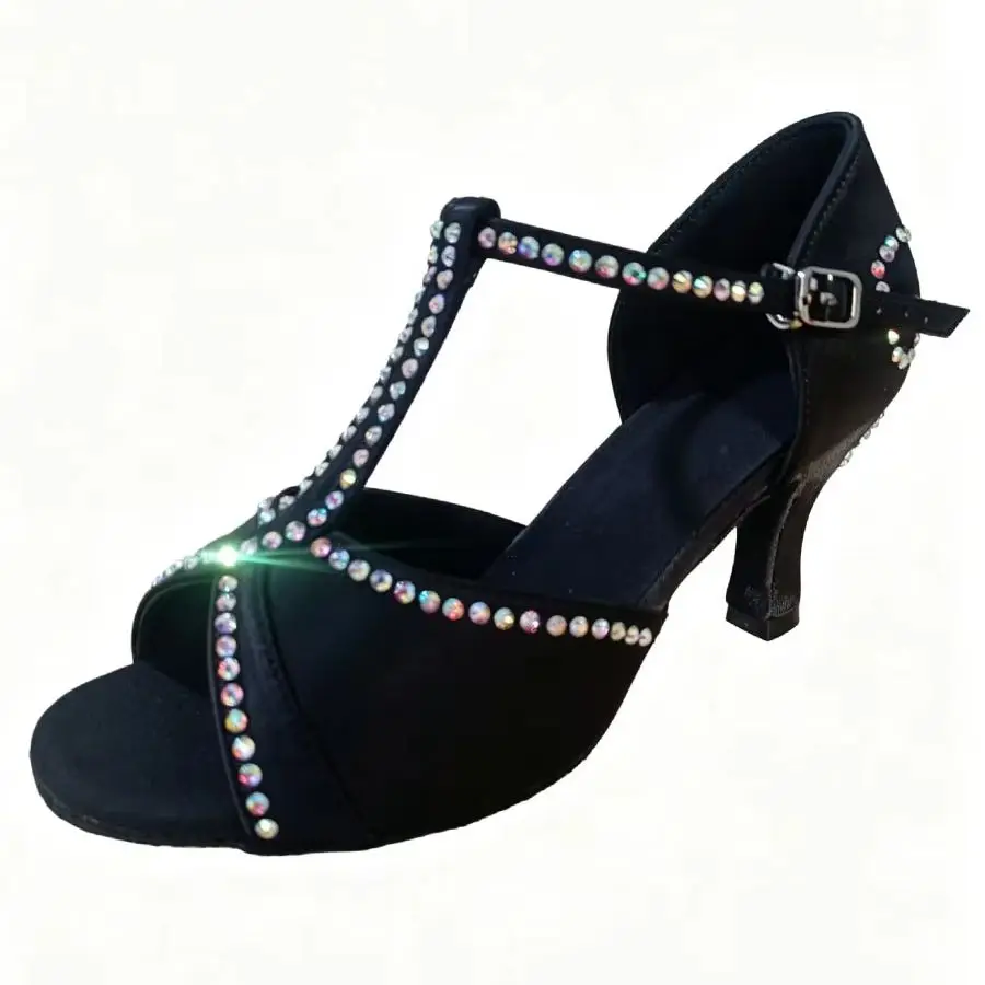 Women's Latin Dance Shoes Rhinestone Closed Toe Satin Ballroom Dance Heels Elegant Black Satin Crystal Dance Performance Shoes
