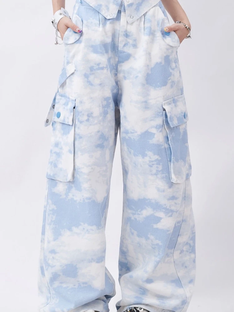 2024 Tie-dye Streetwear Cargo Punk Straight Pants Loose Y2k Aesthetic Pockets Pantalones Women Grunge Harajuku Wide Leg Trousers