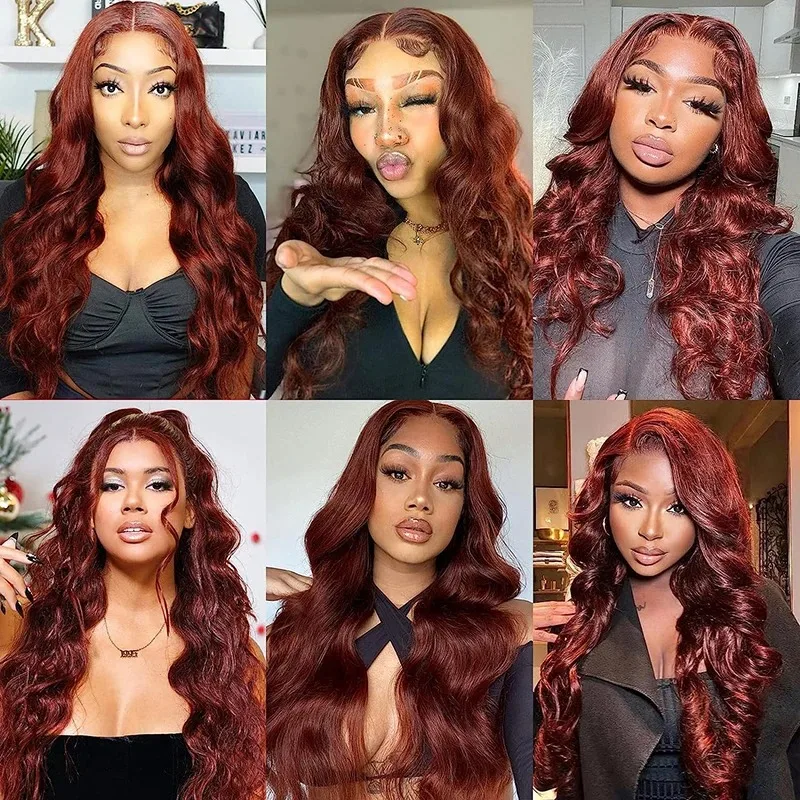 Perruque Body Wave Lace Front Wig Remy Brésilienne Naturelle, Cheveux Humains, Couleur Rouge Brun Rousse, 13x6, pour Femme