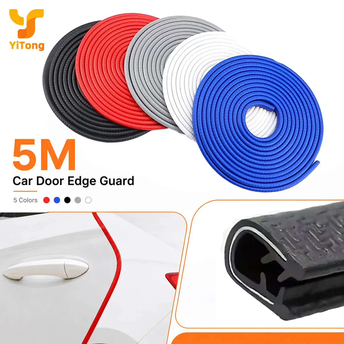 Yitong 5M Car Door Edge Guard Trim U Shape Rubber Door Protector Strip with Built-in Steel Plate Universal Scratch Protection