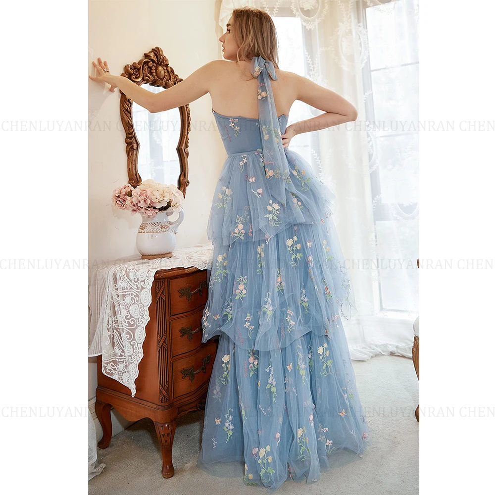 MOLISA Exquisite Flower Embroidery Prom Evening Dress 2024 A-Line Halter Grey Blue Tiered Party Gowns Sleeveless Floor-Length