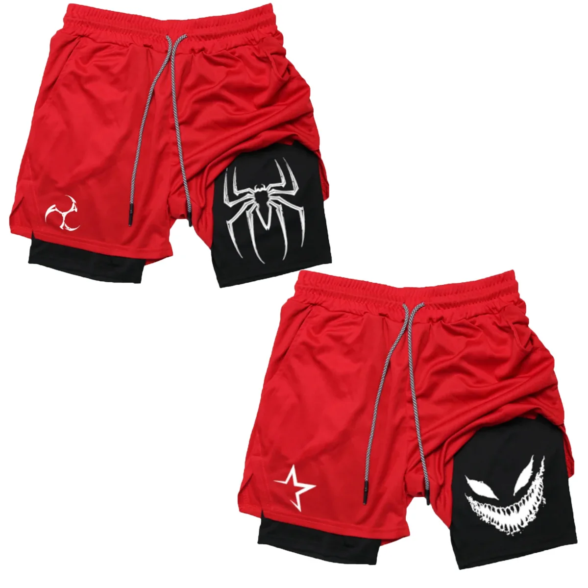 

Мужские спортивные шорты для тренировок в тренажерном зале с карманом для телефона, дышащие быстросохнущие шорты для бега 2-в-1 с принтом паука