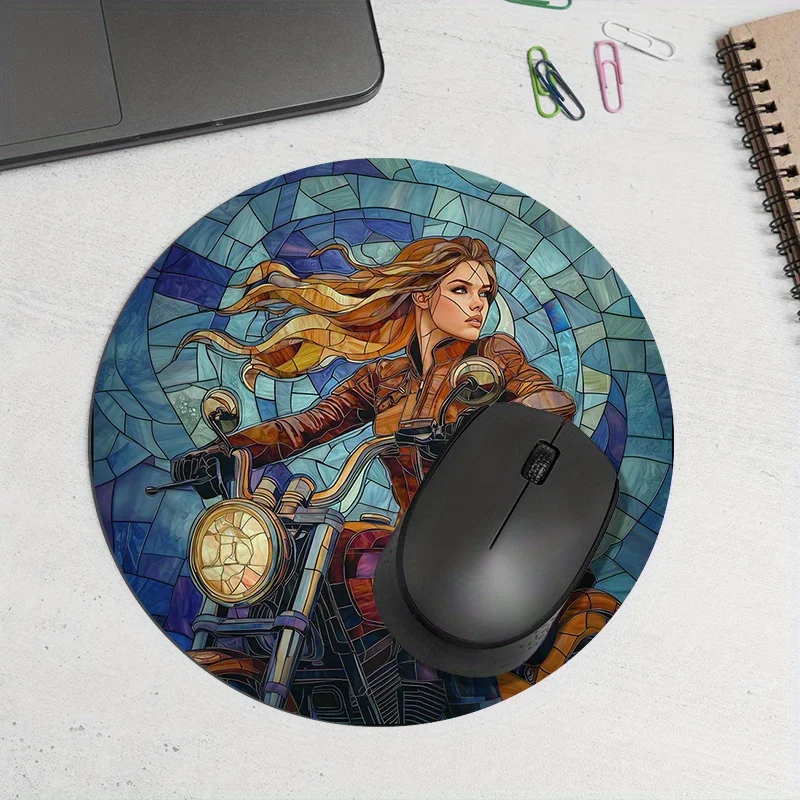 Motorcycle girl anime Circular Mouse Pad Desk Mat pc accessories mouse pads non-Slip rubber base suitable for office and gaming