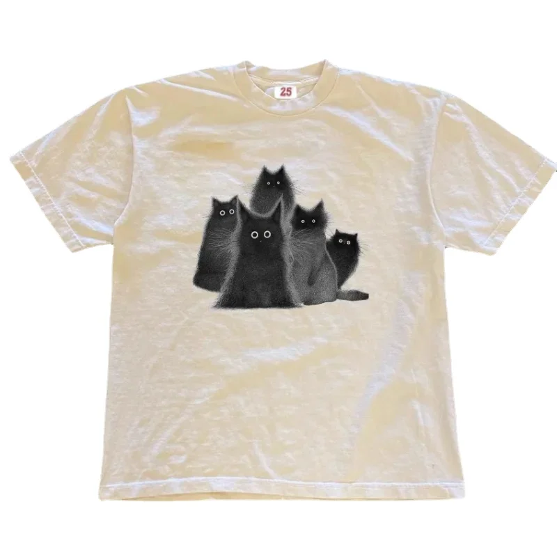 Camiseta de manga curta feminina com estampa fofa de gato, blusa casual solta, streetwear versátil, branco hip-hop, verão, Y2K, 2022