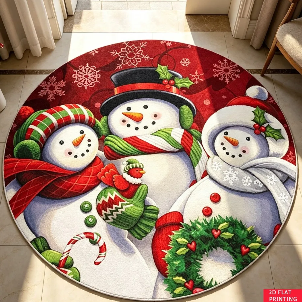 Xmas Wreath Santa Round Area Rug Ribbon Bow Circular Floor Mat Festive Holiday Indoor Accent Carpet for Cloakroom Mudroom