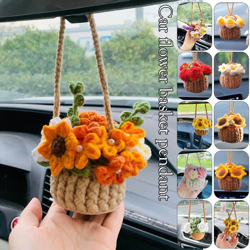 Creative Car Pendant Handwoven Flower Basket Car Rearview Mirror Mini Flower Decor Hangings Auto Hook Woven Pot Plant Interior