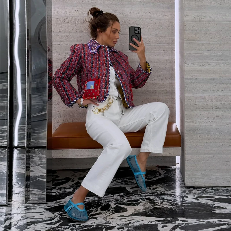 Reversible Jacket Retro Print Color Block Coat Woman Lapel Collar Top Striped Patch Pocket Outerwear Winter Autumn Clothes