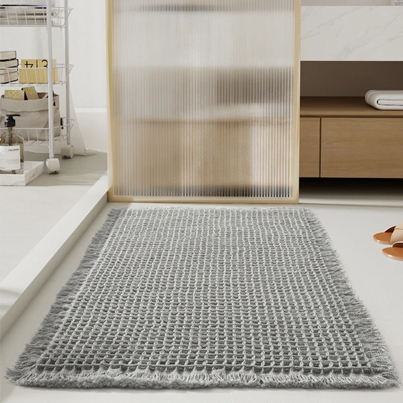 Microfiber Tassels Waffle Absorbent Bath Mat Soft Anti Slip Machine Washable Bathroom Door Mat Entrance Bedroom Solid Color Rug