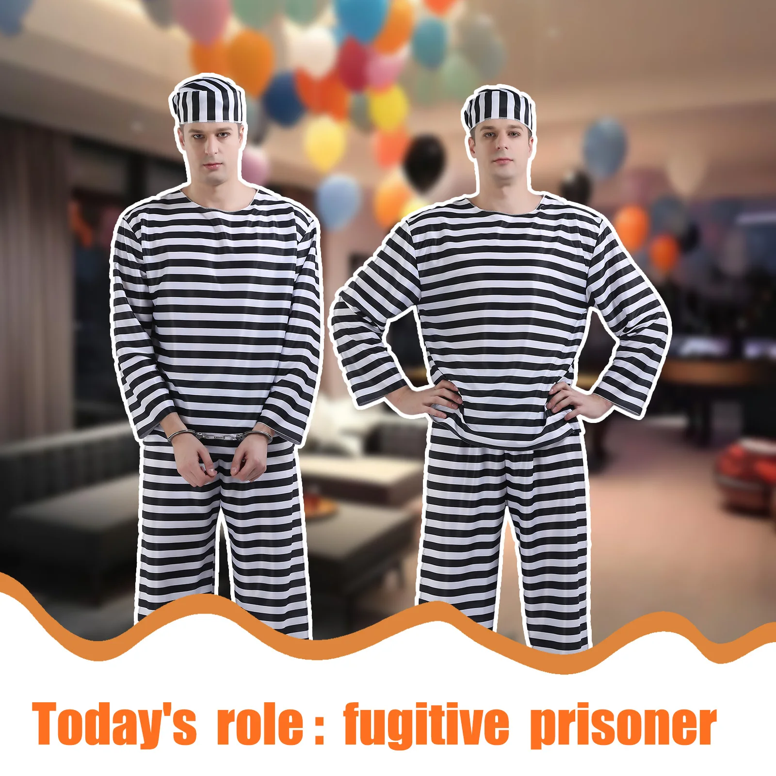 طقم مكون من ثلاث قطع للسجينات البالغين، قميص مخطط أبيض وأسود بأكمام طويلة، طقم بنطلون وقبعة، زي لعب الأدوار للحفلات #4