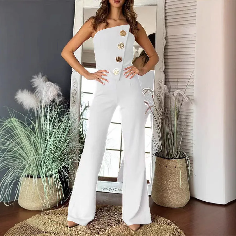 2025 New Red One Shoulder Wide Leg Jumpsuit Gold Buttons Decoration Fashion Temperament Commute Women Romper