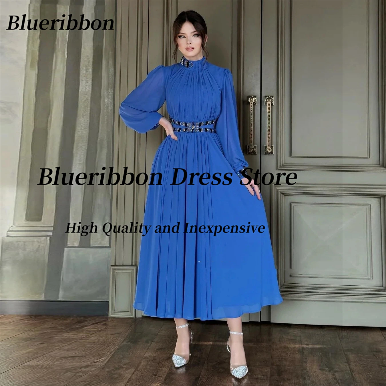 Blueribbon Chiffon Tea Length Prom Dresses High Collar Beaded Sash Vestido Elegante Fiesta 2024 Long Sleeves Evening Party Gown