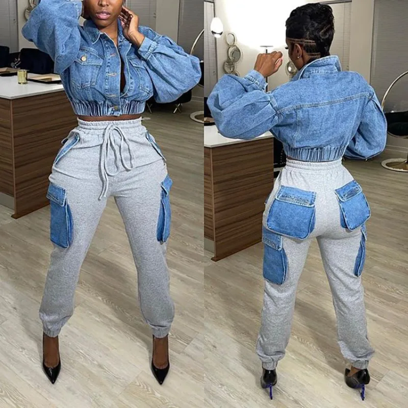 Women's Casual Pants Street Personality Imitation Denim Big Pocket High Waist Overalls for Women