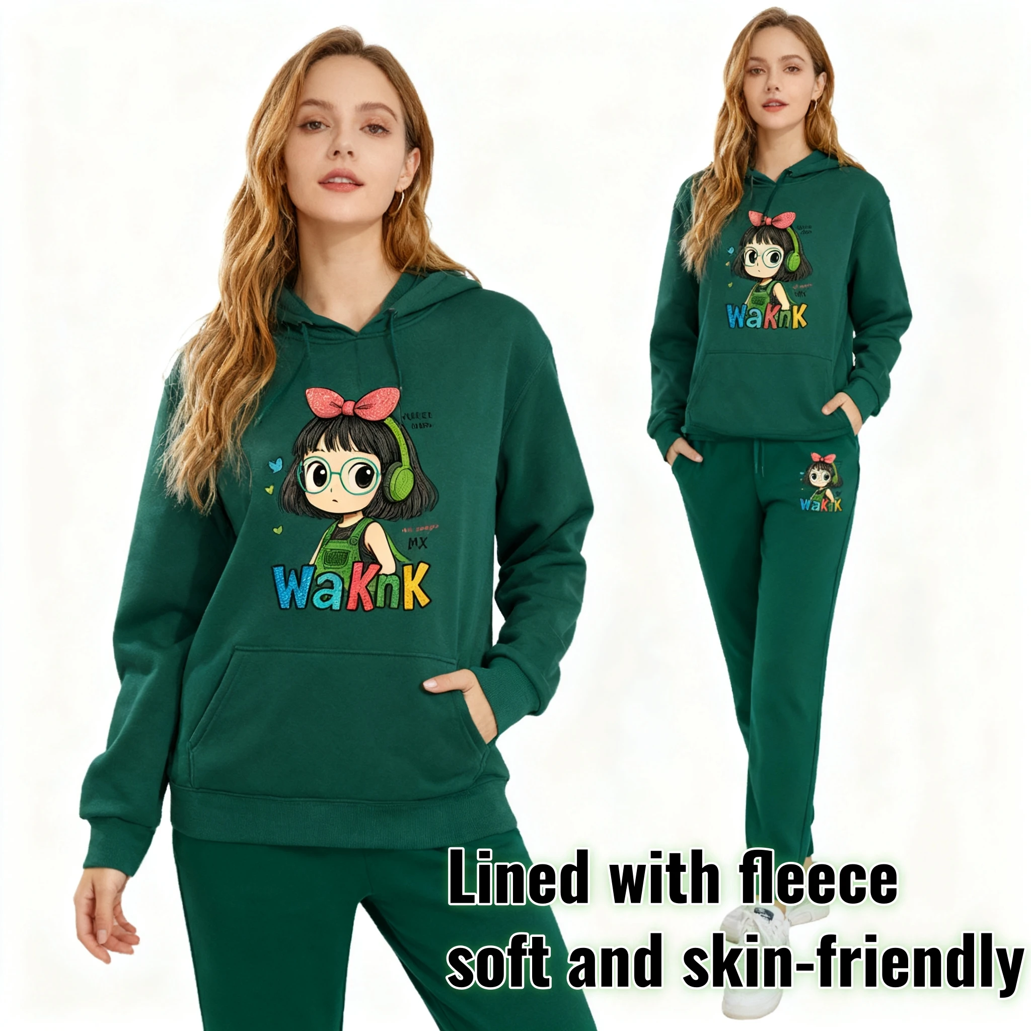 Ladies' Cozy Fleece-Lined Tracksuit Cartoon Printed Hoodie + Sweatpants, Skin-Friendly Outfit for Leisure