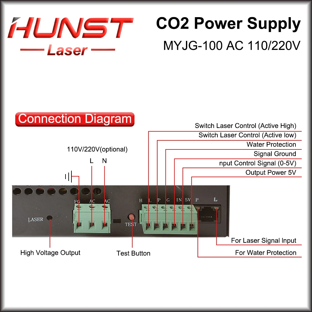 Imagem -05 - Hunst Laser Power Supply Co2 Suporta Tensão 110v 220v Usado para 80w 100w Laser Engraving e Máquinas de Corte Myjg 100w