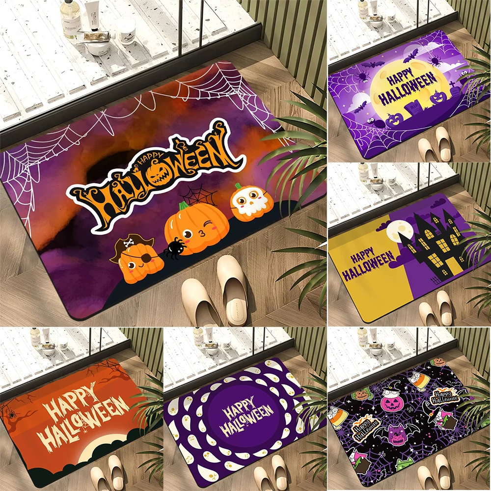 Halloween Themed Door Mat With Cute Spooky Patterns Like Pumpkins Bats Spider Webs Cartoons Non Slip Vibrant Entrance Rug