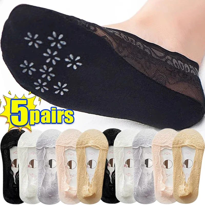 5pairs Women Cotton Sole Invisible Anti-slip Slippers Ankle Socks Lace Socks Women Summer Girls No Show Socks Non-slip