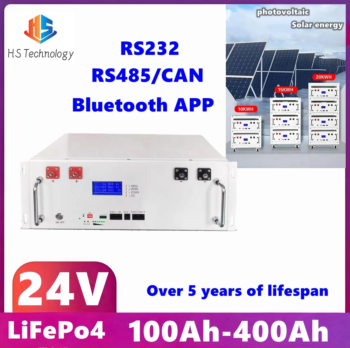 HS  24V 100Ah Lifepo4 Battery 150Ah 180Ah 200Ah 280Ah 300Ah 400Ah Lithium Batterie with CAN RS485 RS232 for 2KW 3KW Solar System