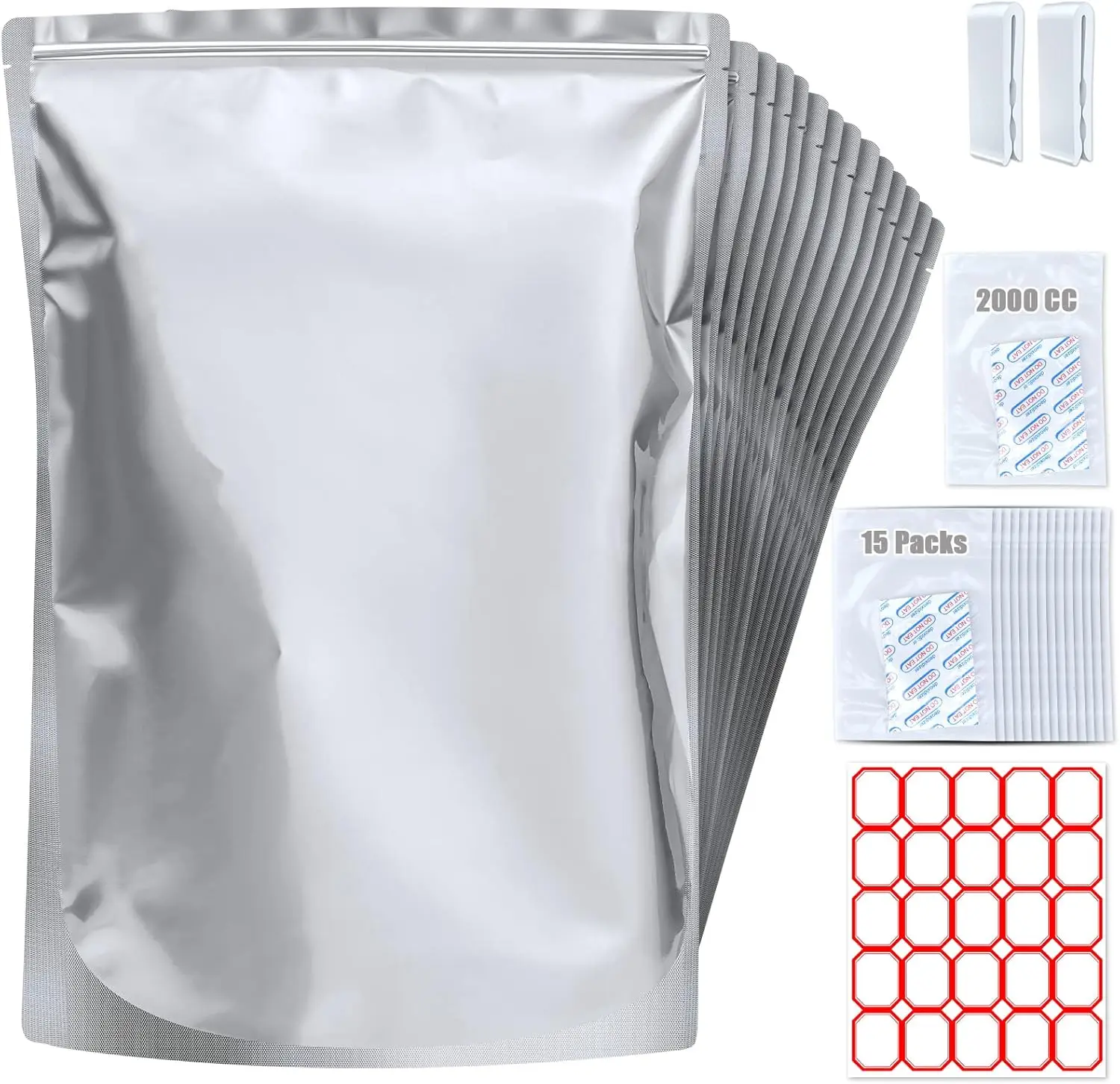 

15 Pack 5 Gallon Mylar Bags with Oxygen Absorbers - 10.5 Mil Mylar Bags for Food Storage with 15 Single Sealed 2000cc Oxygen