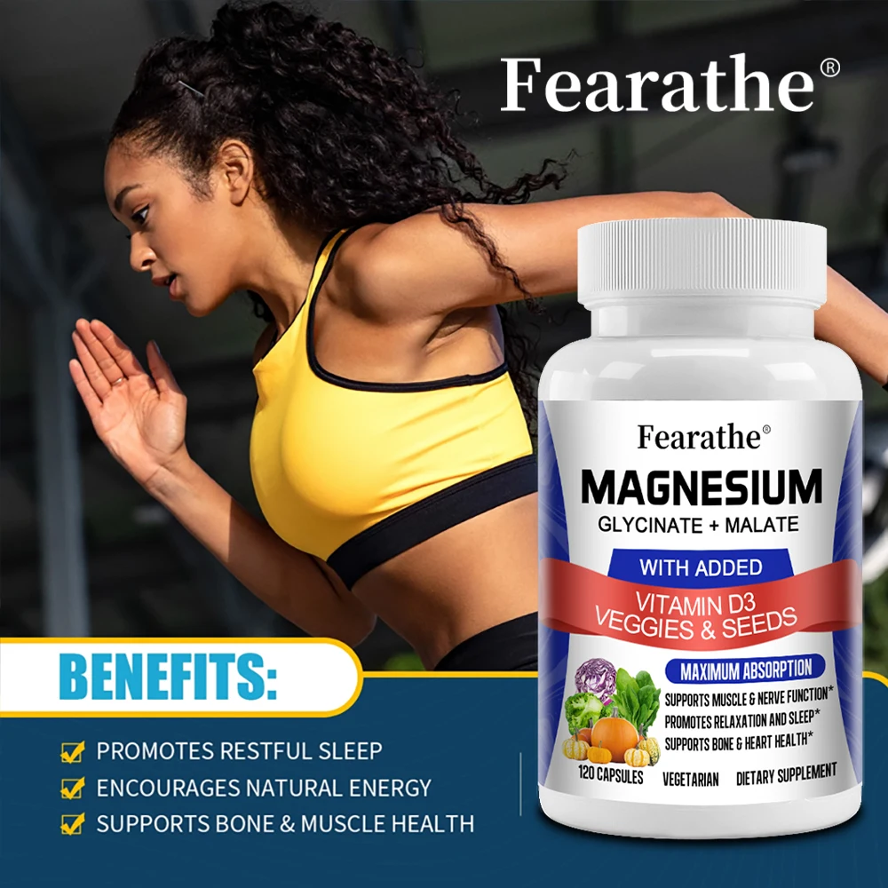 Magnesium Glycinate & Malate Complex, Vitamin D3, Max Absorption - for Bone Heart Sleep Nerve Muscle 120 Veggie Capsules