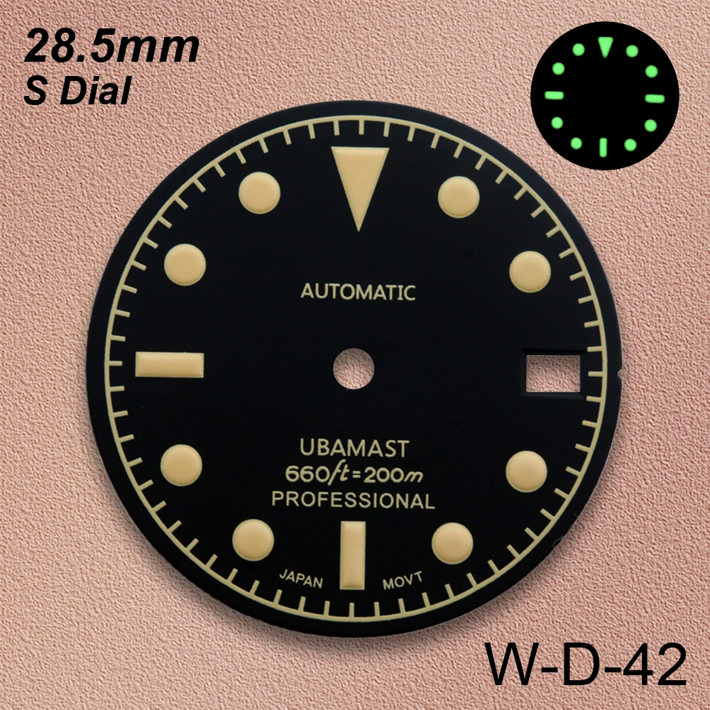 28.5mm Retro SUB Dial S Logo NH35 Dial Fit NH35/NH364R/7S MovementGreen Luminous Black Watches Accessories Fit 3/3.8/4.2 O'clock