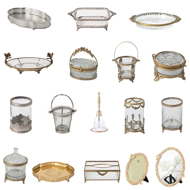 Luxury European Imported Brass Carved Glass Light Jewelry Makeup Pen Storage Box Dry Fruit Snack Plate