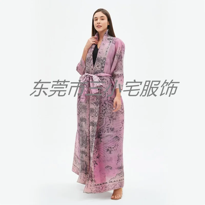 KAF Pleated Women Plus Size Trench Coat Fashion Vintage Printed Cardigan Design Luxury Arabian Robe 2024 Fall New Long Coat