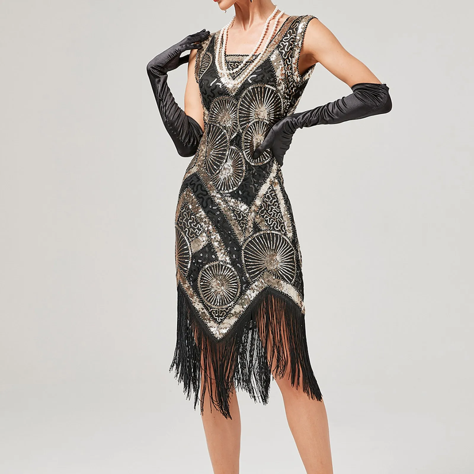 Vintage 1920s flapper grande gatsby vestido o-pescoço manga boné lantejoulas franja festa midi vestido 2025 vestido de verão