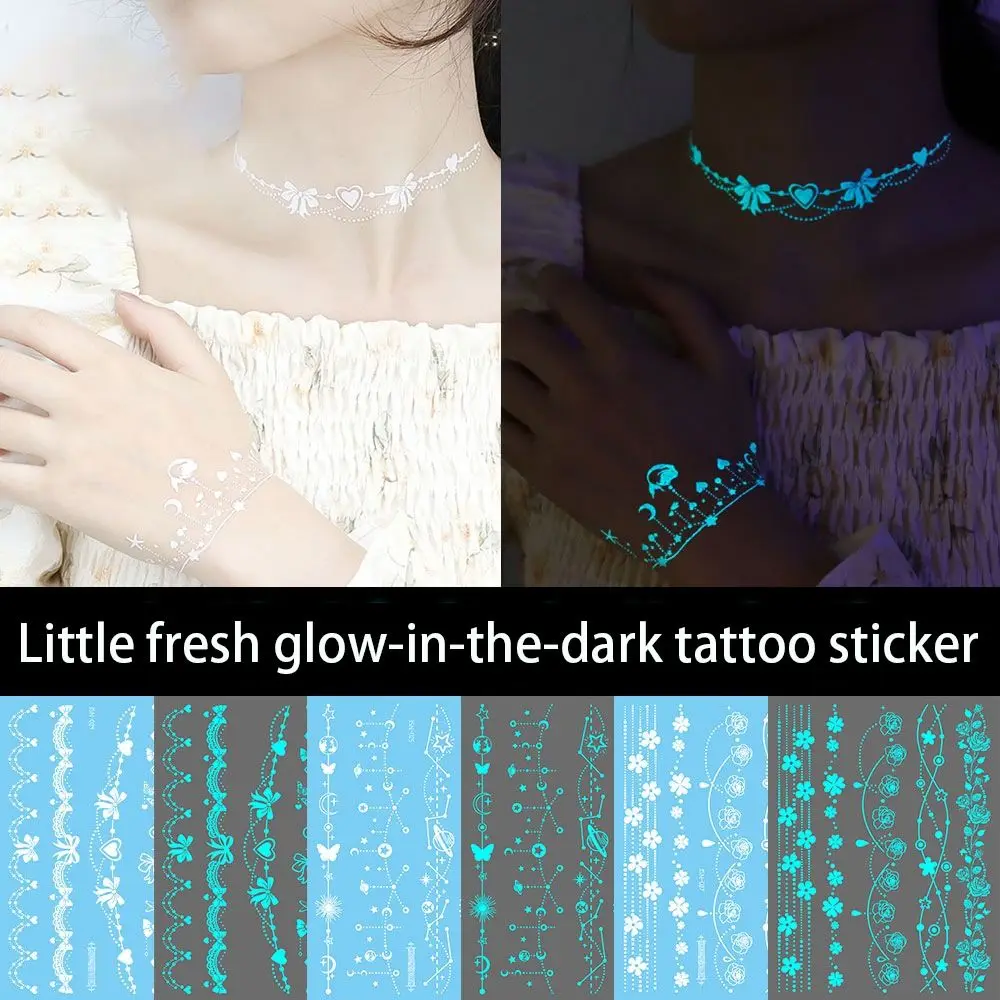 Blue Glow Henna Tattoo Sticker Glow in the Dark Lasting Luminous Temporary Tattoos Sweatproof Waterproof Fake Lace Tattoos Girls