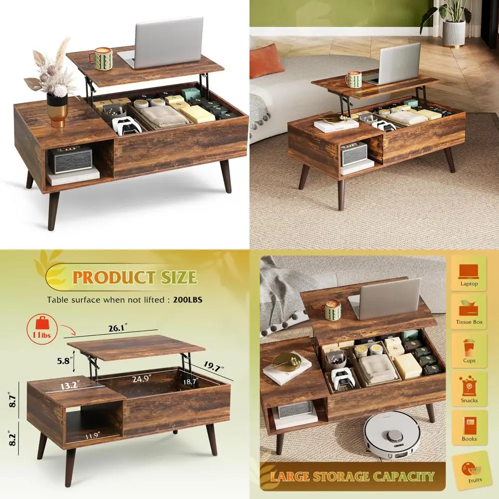 

Rising Top Storage Coffee Table for Living Room, Small Wooden Dining Center Table with Lift Top and Storage Space