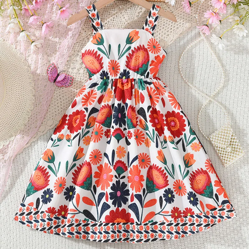 

Summer Girls Dress Bohemian Suspender Floral Kids Girls Clothes Elastic Holiday Dress For Girls Graffiti Waist Ruffle Skirt