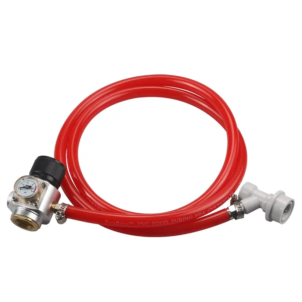 PERA Soda CO2 Mini Gas Regulator Tr21.4 Zawiera czerwony zespół przewodu gazowego, odłączanie gazu z blokadą kulową do dozownika Corny Keg do zbiornika sody