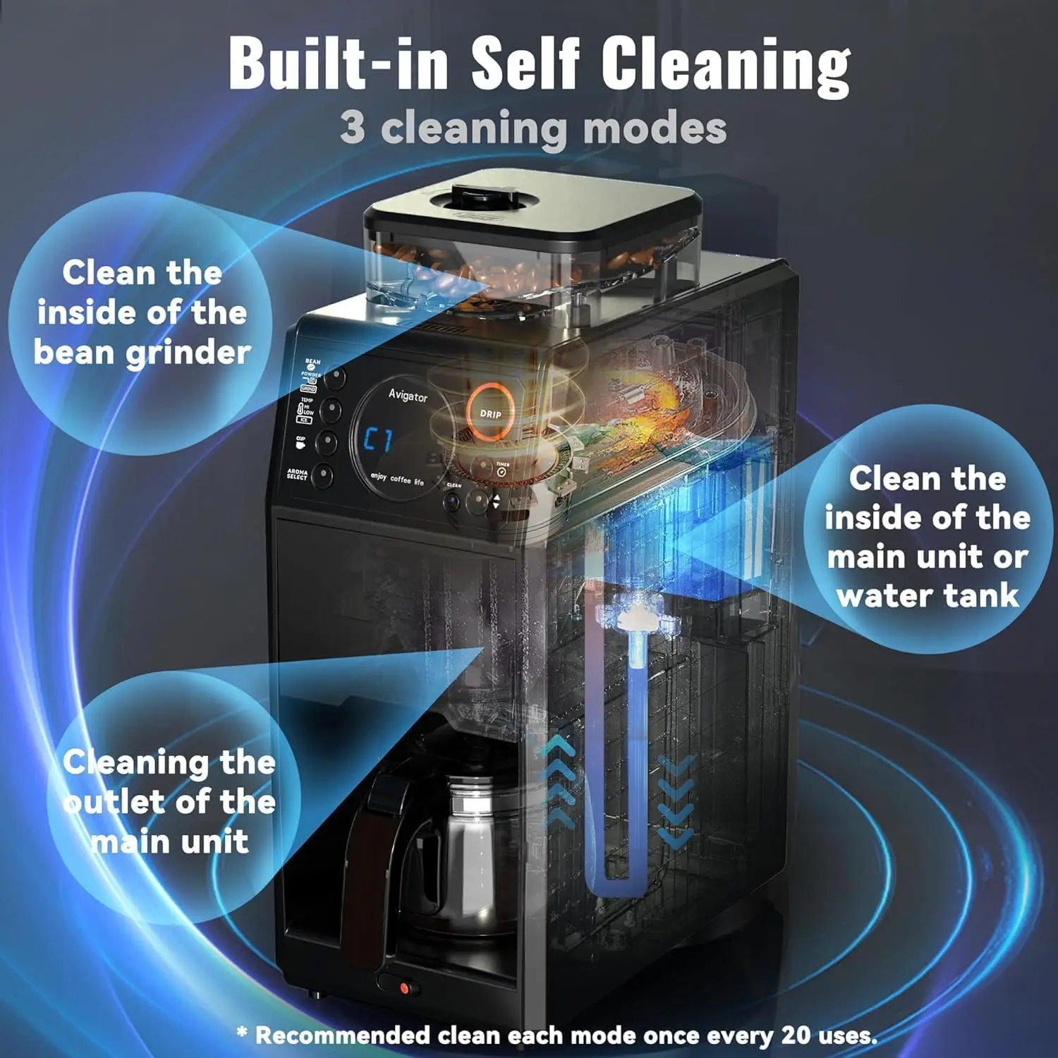 Máquina de café com moedor, temporizador 24h programável, 5 xícaras, máquina de café quente e gelado, reservatório removível, jarra de vidro fo