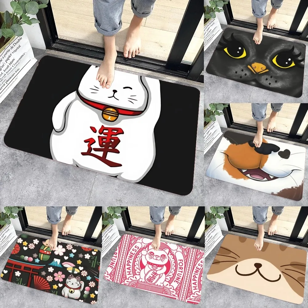 Custom Kawaii Maneki Neko Lucky Cat Floor Mat Graphic Printed Flannel Doormats for Bathroom Kitchen Entrance Carpet Home Decor