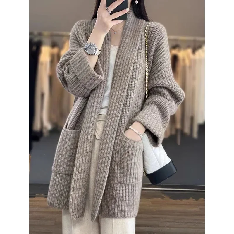 Sweater Jacket Women Cashmere Clothing Cardigan Middle Length Tops V-neck Woolen Sweater Loose Wool Knitted Coat Autumn Winter