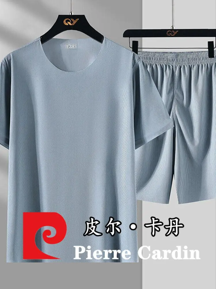 

Мужской спортивный комплект Pierre Cardin: летний, из ледяного шелка, свободный крой, шорты и футболка, повседневный, комфортный, из полиэстера.