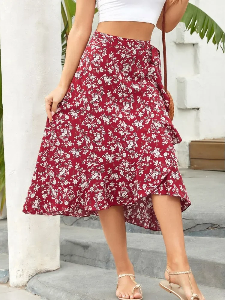 Novo em 2025 feminino verão praia casual floral impressão rendas midi saias longas feminino boho irregular saia de cintura alta