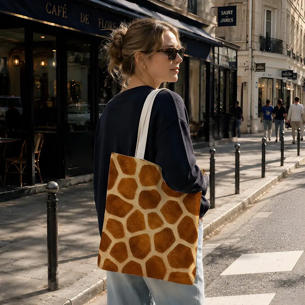 Pattern Wild V-Vintage Animal Fur Print Storage Bags Reusable Canvas Tote Suitable for School Class Commuting Shopping as Gifts