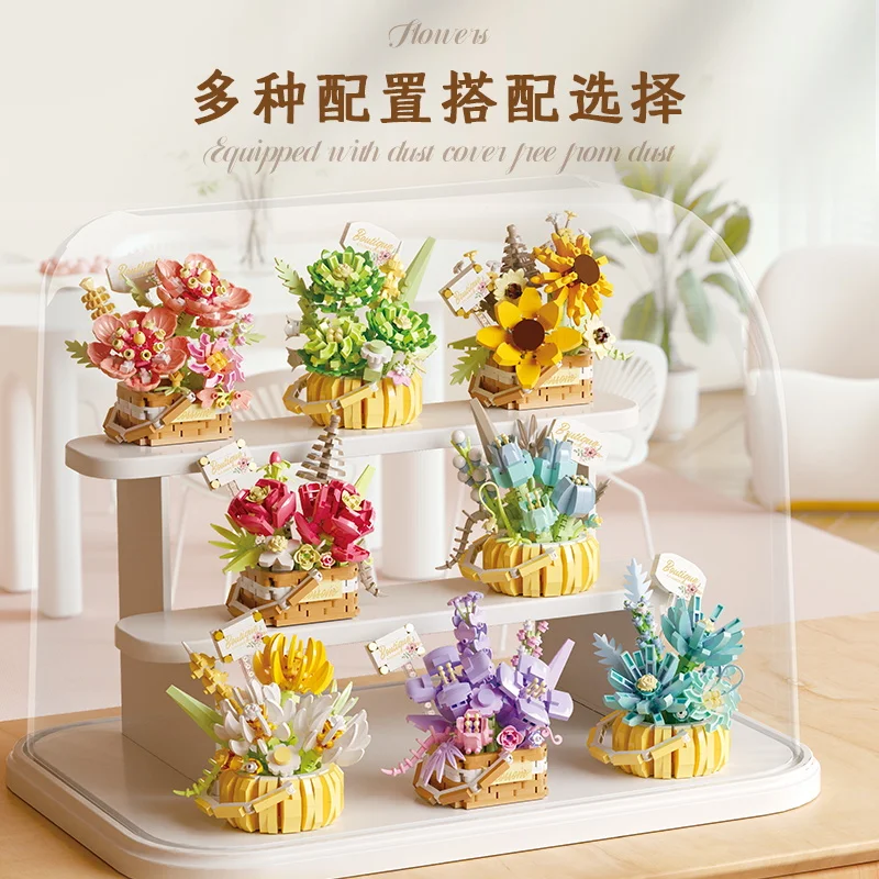 Flower Bouquet Building Blocks Succulents Artificial Basket Kits Bonsai Gardens  Bricks DIY Potted Plants Model Toys For Kids