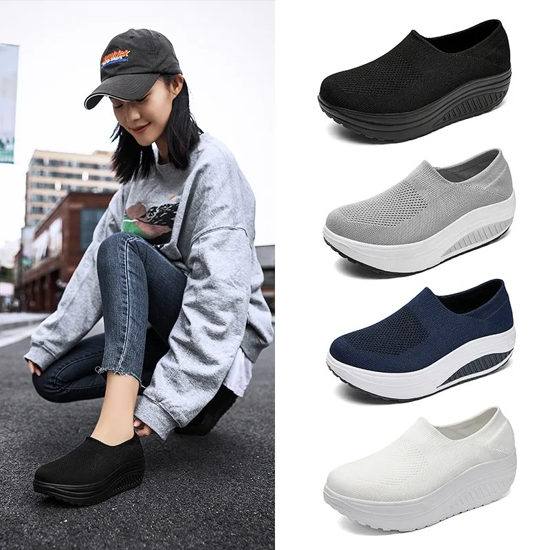 

Women's Mesh Shoes Lightweight Breathable Sneakers Comfort Walking Platform Wedges Shoe Slip on Elastic Socks Shoes Muffin Shoes