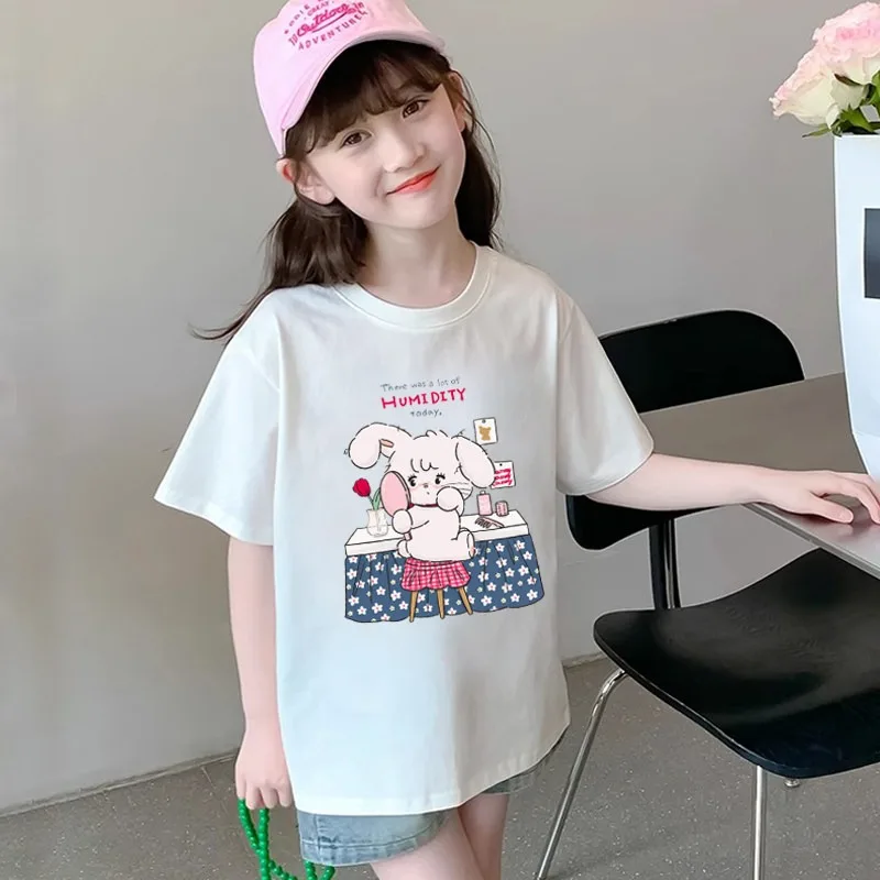 

Детская хлопковая модная футболка с короткими рукавами и принтом милого котенка и кролика, повседневная футболка с круглым вырезом и короткими рукавами для родителей и детей