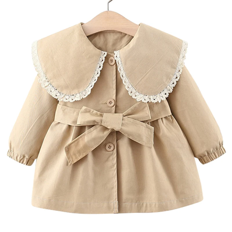 Spring Fall Toddler Clothes Children Outwear Infant Coat Korean Doll Collar Cotton Belt Kids Jacket Little Girls Clothing BC2147