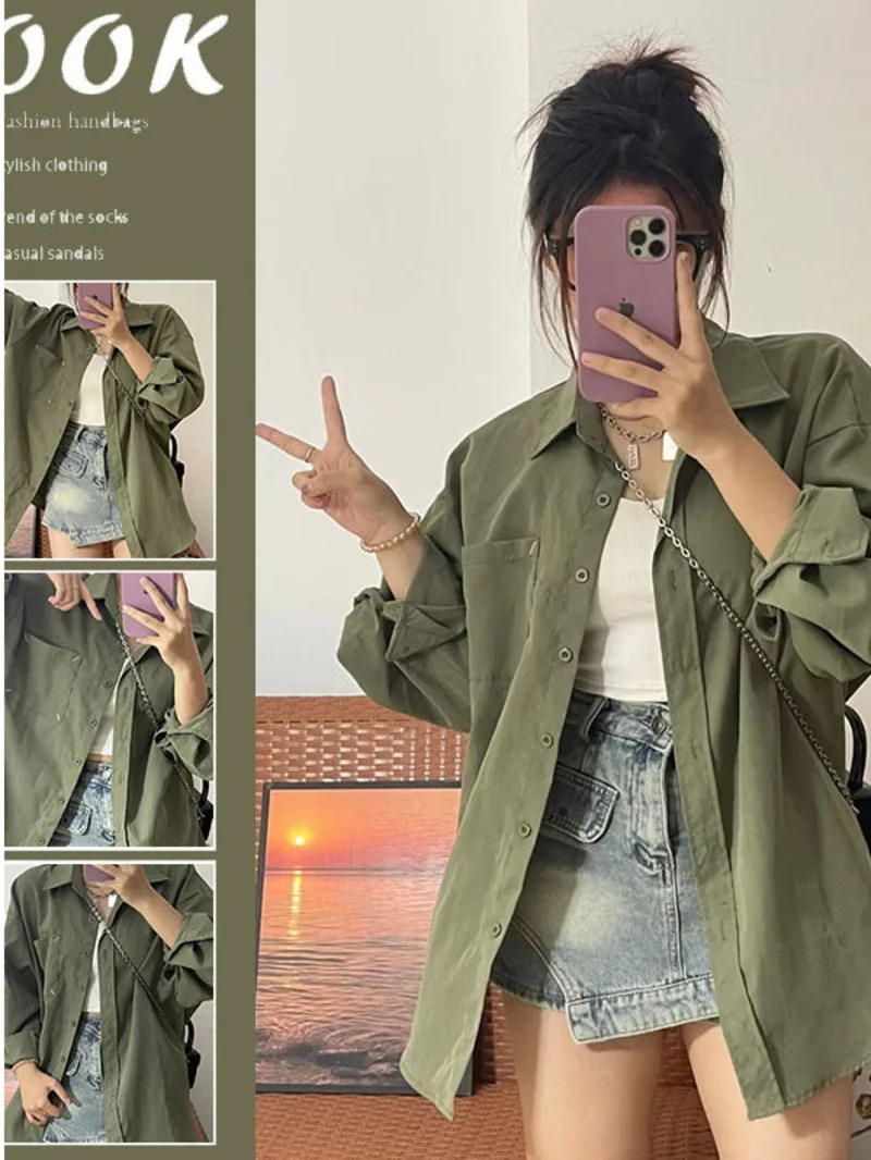 Military green long sleeved shirt for street women bf style loose and slimming workwear jacket thin 2024 autumn new top C56J