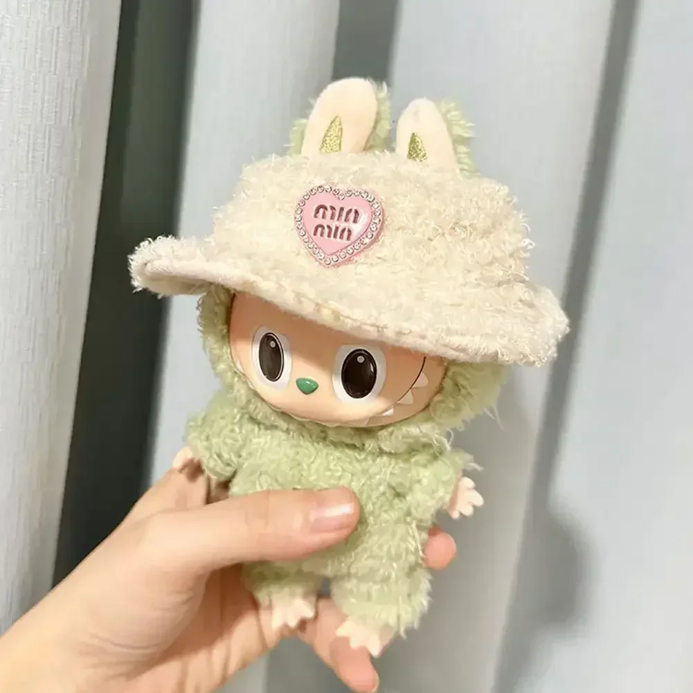 Baju boneka lucu untuk Labubu V1 V2 Idol Fashion Sweater pakaian pesta duduk bergaris Pink putih Sweater Cup pakaian