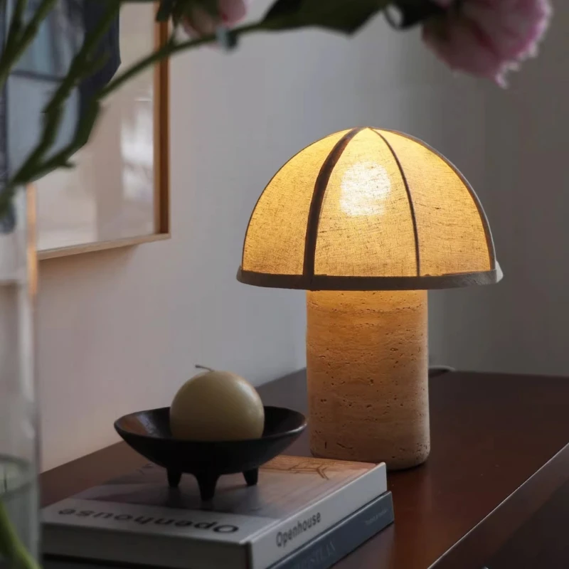 

French Retro Nature Marble Floor Lamp Minimalist Atmoshere Fabric LED Desk Light Bedside Living Room Study Travertine Luminaires