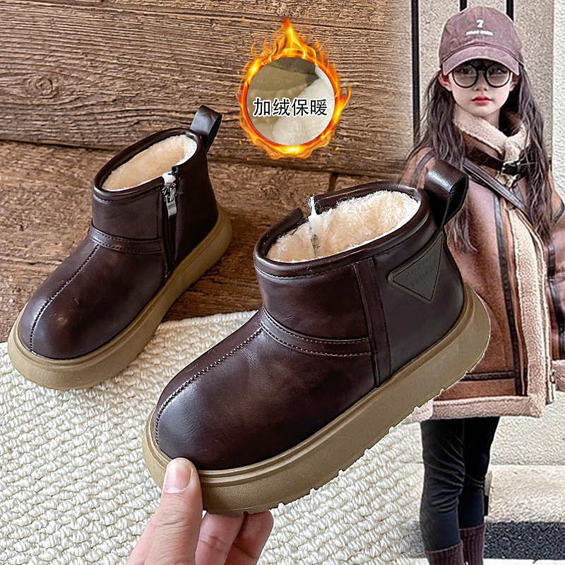 

Kids snow boots with winter fleece, boys' and girls' leather surface, waterproof cotton shoes, soft soled warm shoes