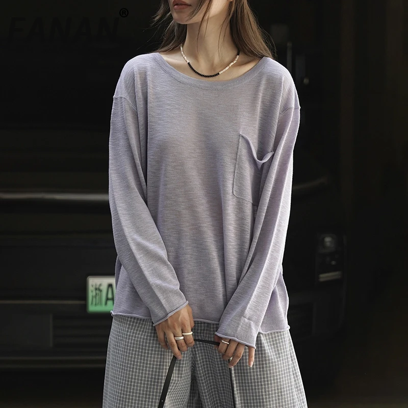 

FANAN 2025 Autumn New Korean Style Long Sleeve T-shirt For Women Round Neck Knitting Pullover Loose Tops Casual Clothes Female