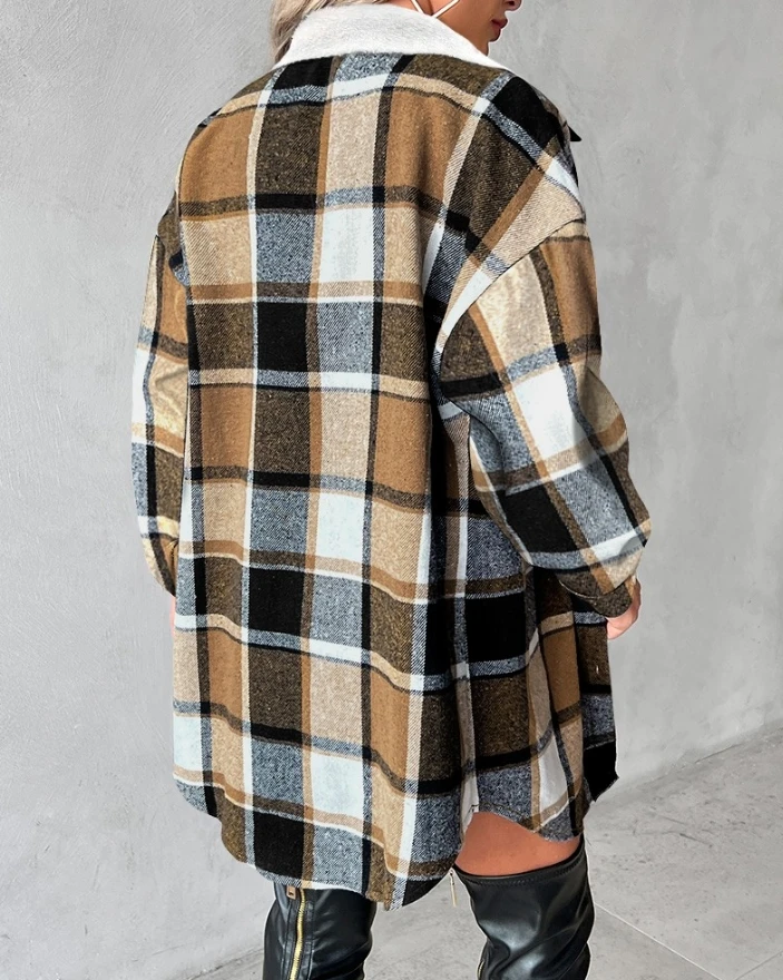 Women's Fashion Plaid Pattern Turn-Down Collar Coat Female Daily Clothes Autumn New Women Casual Button Down Fleece Lined Jacket