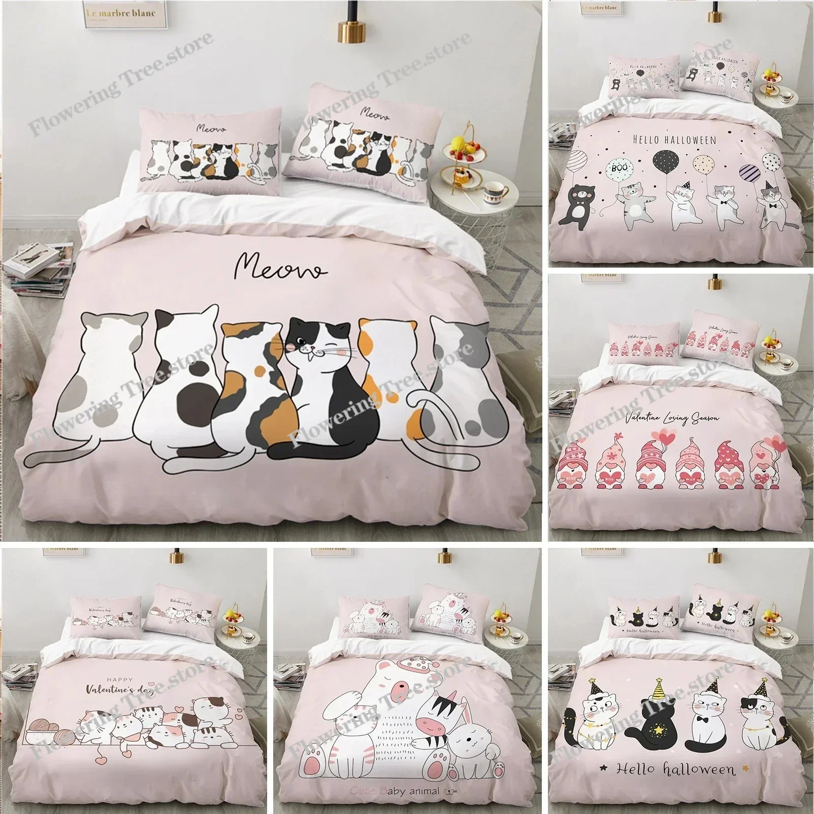 

Cute Cartoon Animals Pink Toddler Bedding Set 3D Funny Cat Print Duvet Cover Twin Queen Size For Teens Kids Girls Bedroom Decor